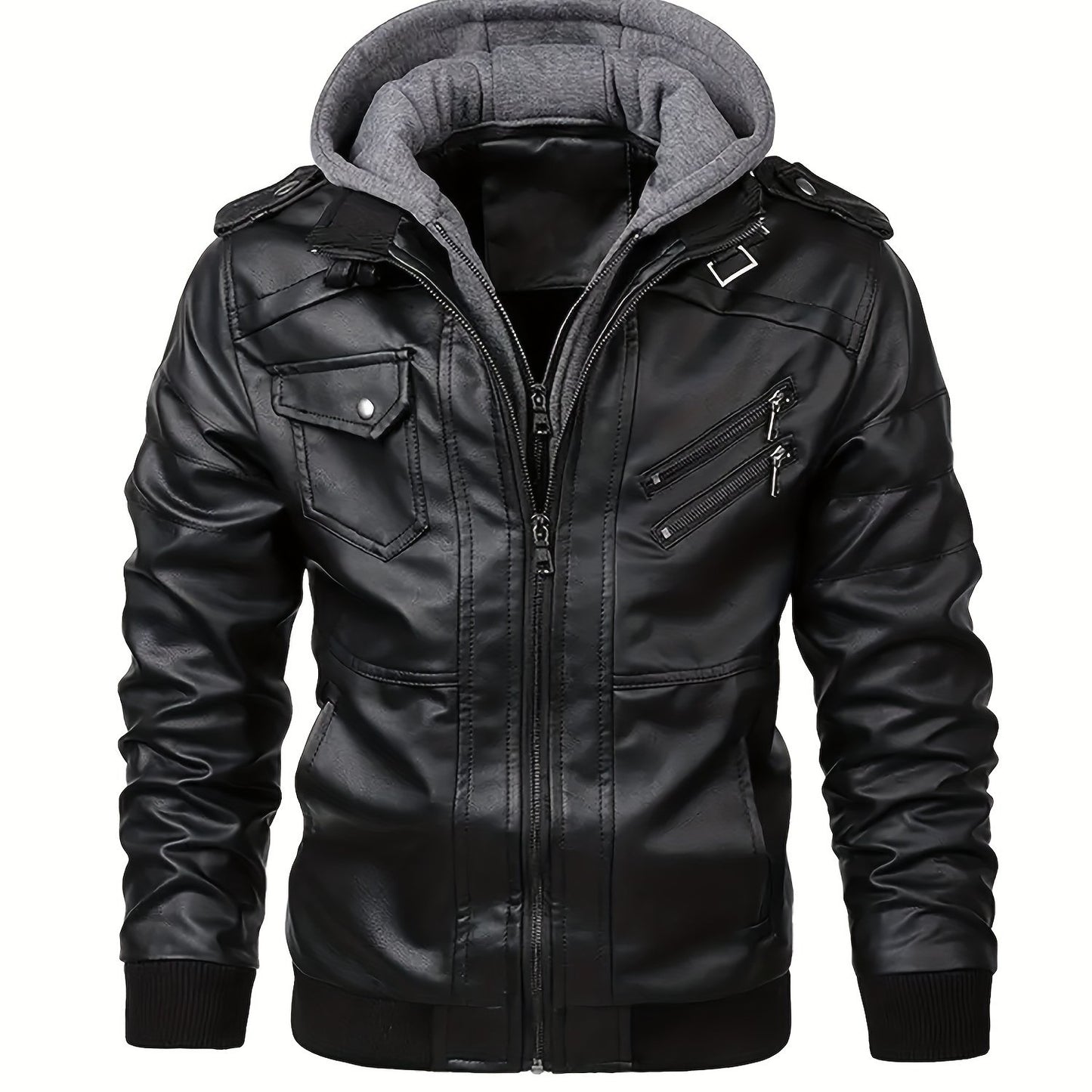 Trendy Mens PU Leather Biker Jacket - Chic Hooded Design with Zip Up Closure - Durable & Stylish Casual Wear