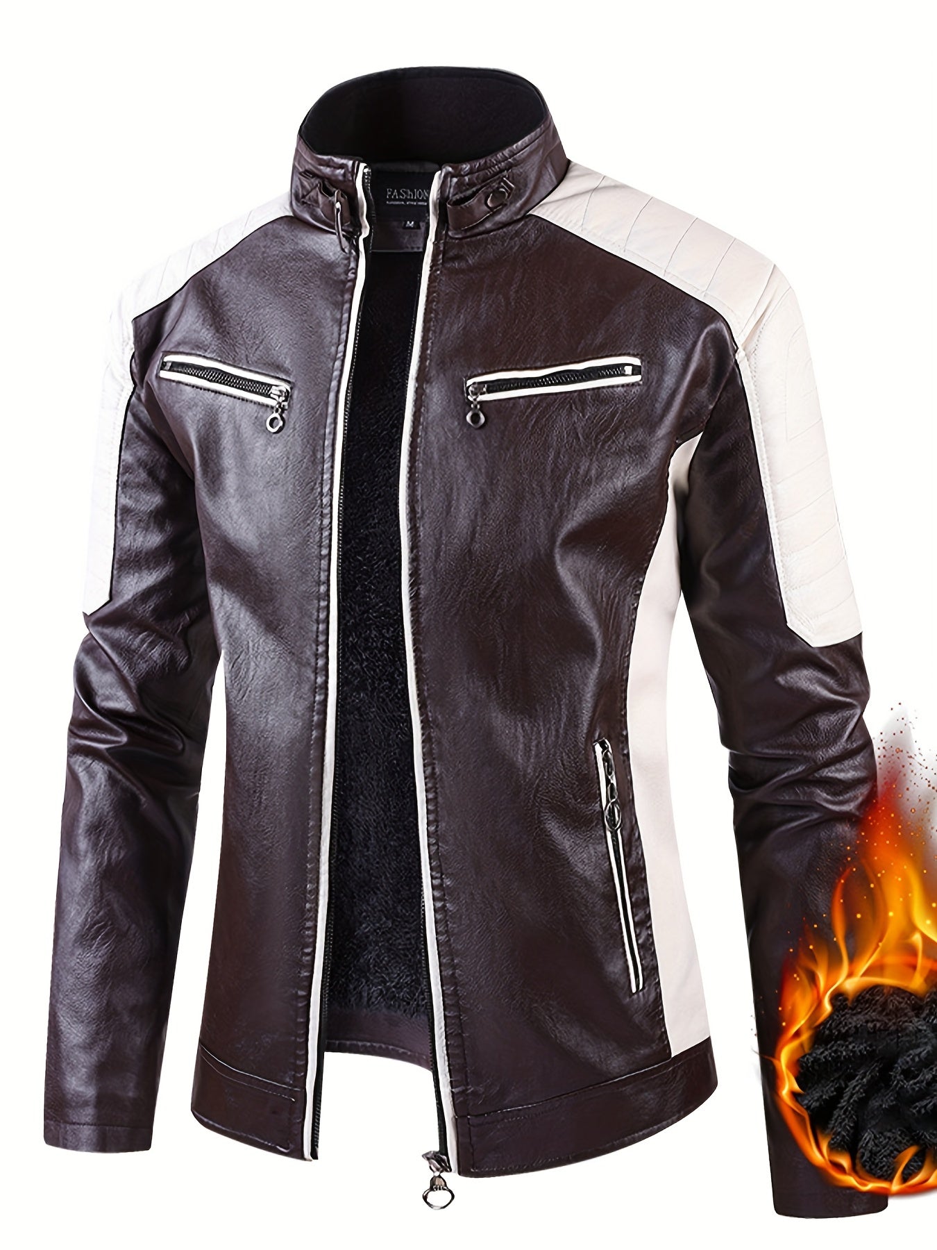 Men's Stylish Warm Fleece PU Jacket | Easy Care, Regular Fit, Solid Color | Chic Winter Casual with Stand Collar