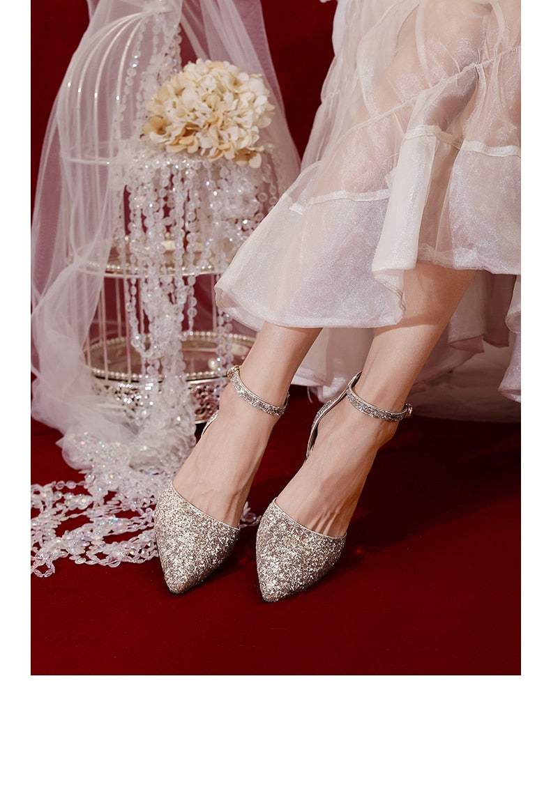xiangtuibao Wedding Shoes Main Dress Bridal Summer Straight Button High-heeled Female Thick Heel Hollow Crystal Bridesmaid Pumps Shoes