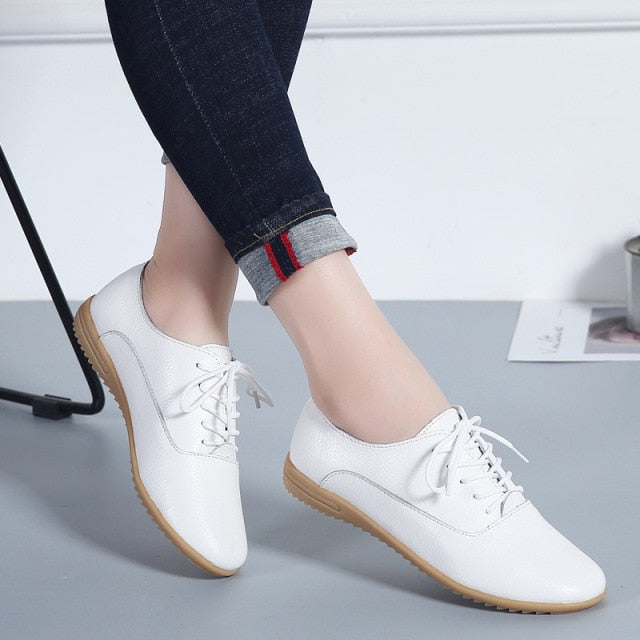 GHJIOL Spring Women Oxford Shoes Ballerina Flats Shoes Women Genuine Leather Shoes Moccasins Lace Up Loafers Zapatos Mujer