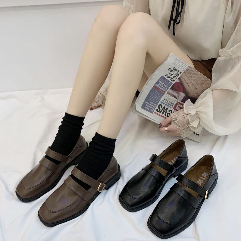 xiangtuibao Vintage Buckle Strap Square Toe Mules Brown Shoes Women Fashion Designer Elegant Black Loafers Casual Wild Spring Platform Flats