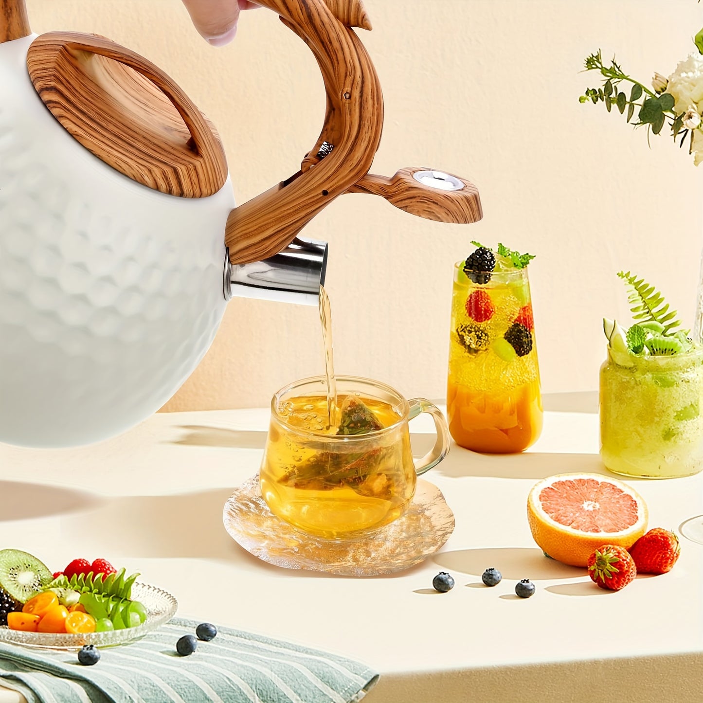 1pc, 3L Stainless Steel Whistling Tea Kettle Pot - Durable, Easy to Clean, Compatible with All Stovetops, Whistling Alert, Wooden Pattern Handle, Lightweight, Perfect for Outdoor Adventures and Home Use, Tea Brewing Made Easy