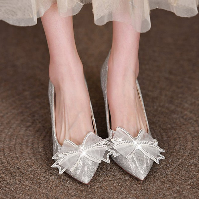 Rimocy Silk Bowknot Square Heels Pumps Women New Crystal Slip-on High Heels Shoes Ladies Sexy Point Toe Shining Party Shoes
