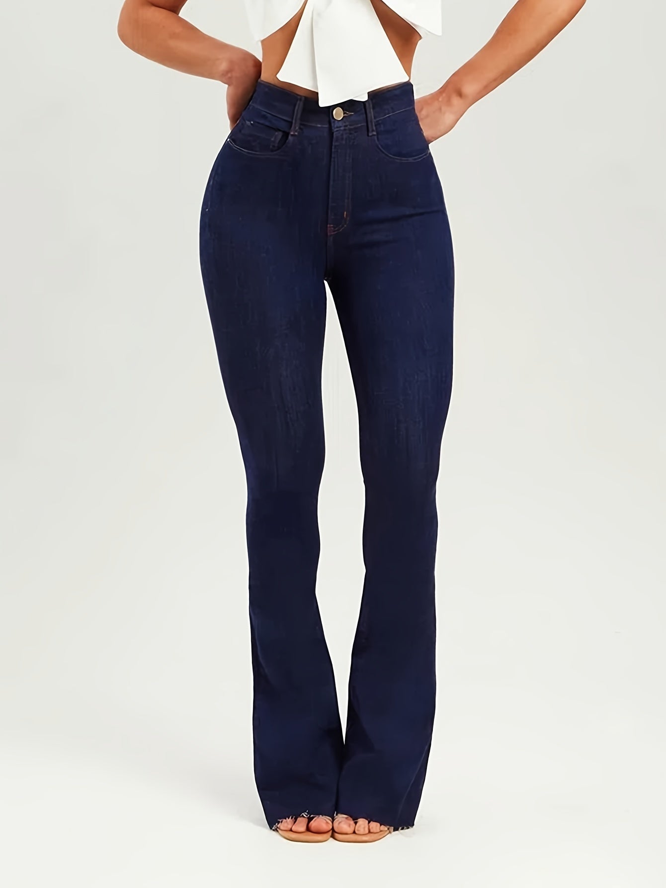 High Waist Solid Color Vintage Flare Leg Jeans - Stretchy Zip Up Bootcut Pants with Long Length and Medium Stretch Fabric - Perfect for Mature Women with Slim Fit
