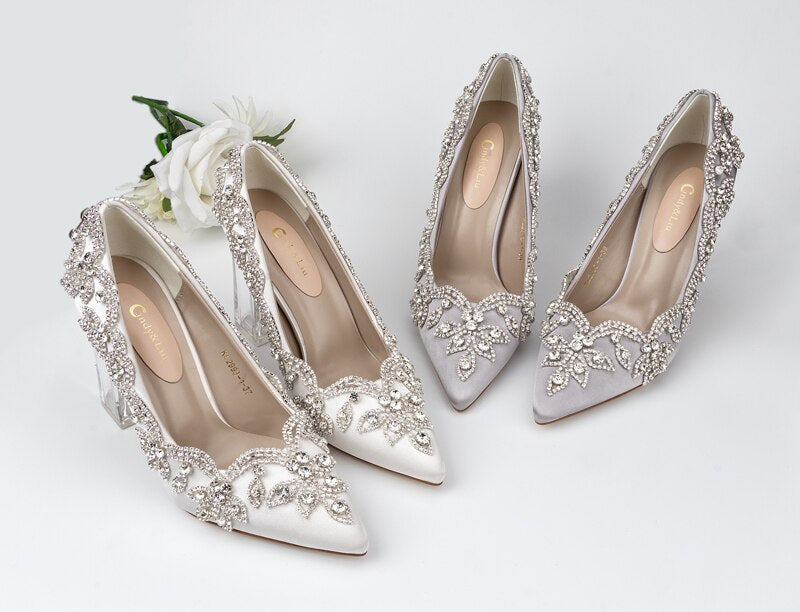 xiangtuibao Wedding Shoes Luxury Design Higher Quality Satin Full Stone Rhinestone Pointed Toe Bride Pumps Fat Square Clear Higher Heels