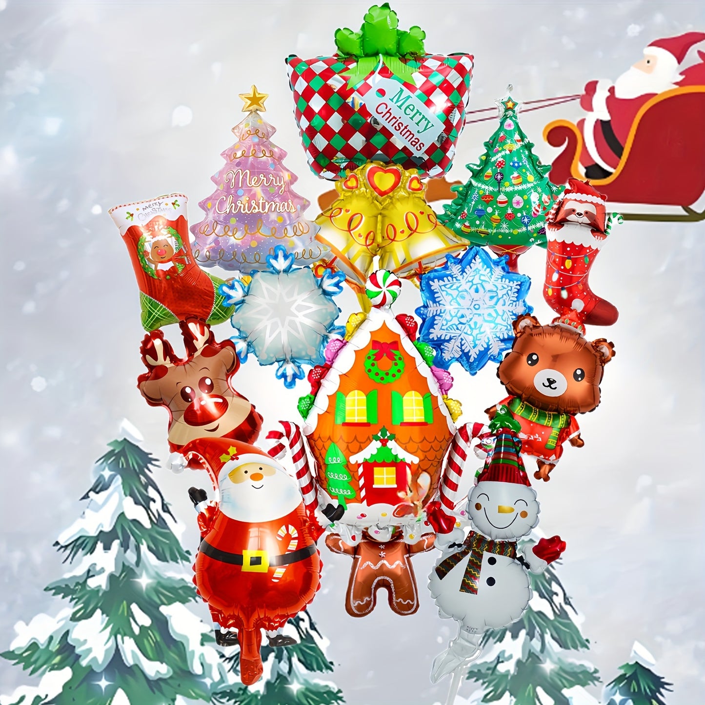 14pcs Mini Christmas Balloon Set - Santa, Reindeer, Tree, Snowman & Gingerbread Designs with Curling Ribbon - Perfect for Holiday Party Decorations