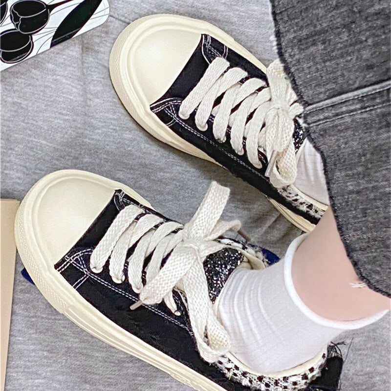 xiangtuibao NEW Pink Canvas Sneakers Woman Vulcanized Shoes Platform Sneakers Women Lace Up Flats Sneakers Ladies Spring Autumn Sports Shoes