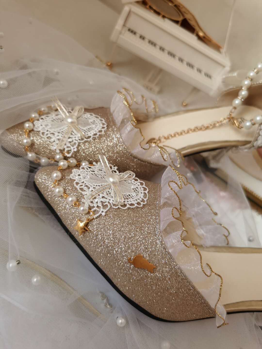 xiangtuibao Japanese Lolita Tea Party High Heels Champagne Elegant Sweet high heel vintage lace bowknot kawaii shoes cosplay loli