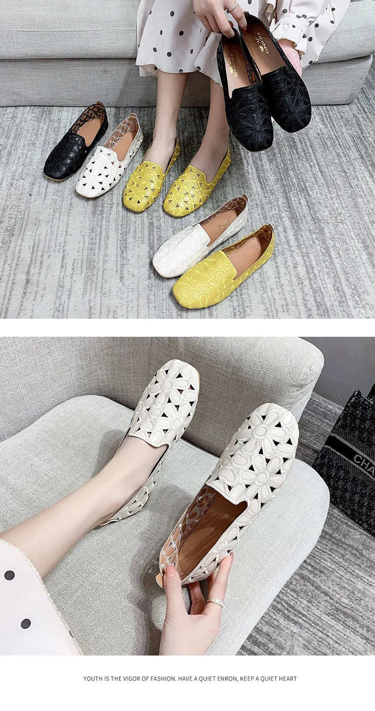 xiangtuibao Square Toe Loafers Women Soft Leather Flats Ladies Hollow Out Flat Shoes Woman Flats Embroidery Loafers