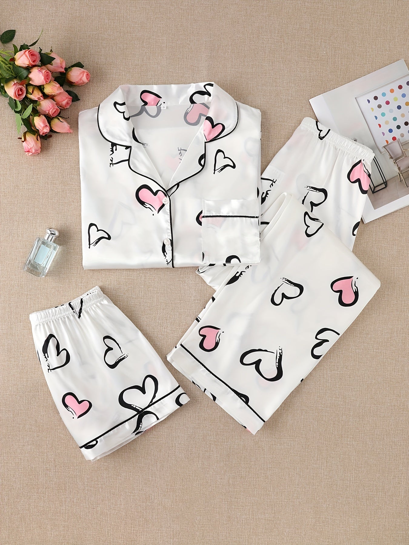 1 Shirt and 2 Trousers Womens Elegant Heart Print Satin Pajama Set - Soft, Relaxed Fit, Short Sleeve, Lapel Collar, Random Printing - Comfortable, Woven, Non-Sheer, All Seasons