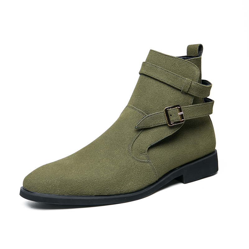 New Green Retro Men's Boots Buckle Design Suede Leather Boots Dress Formal Boots Casual Winter Chelsea Men Shoes botas de hombre