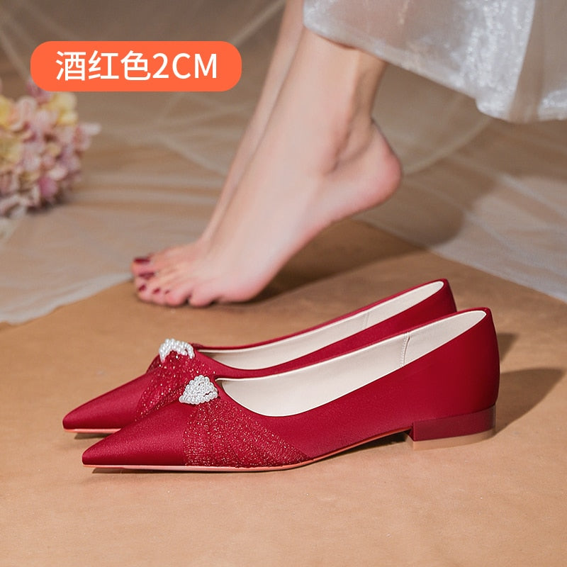xiangtuibao Minority French Wedding Shoes Flat Bottomed New Bride Shoes White Satin Wedding Dress Shoes Women's Flat Heel Shoe