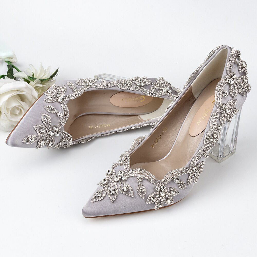 xiangtuibao Wedding Shoes Luxury Design Higher Quality Satin Full Stone Rhinestone Pointed Toe Bride Pumps Fat Square Clear Higher Heels