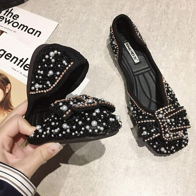 Single Shoes Women's New Style Spring Spring Pearl Sequin Flat Top Shoes Versatile Low-Cut Gentle Fairy Shoes Scoop Shoe