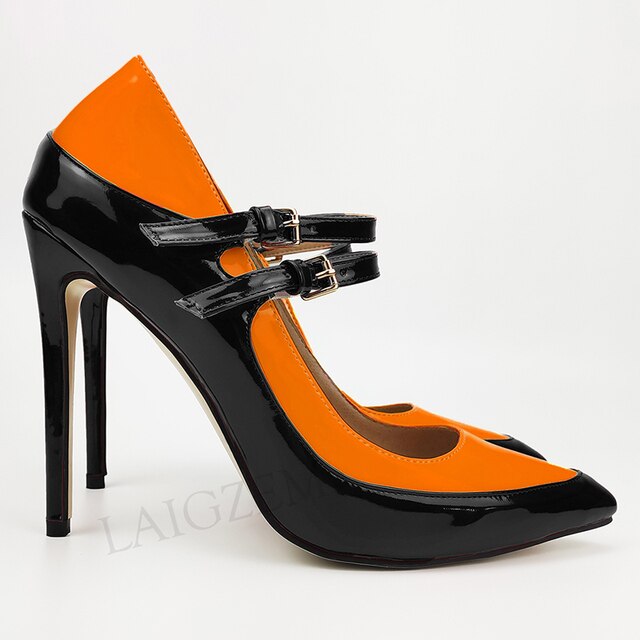 Pinpaixiong Color Contrast Women Heels Buckle Straps Desgin 12CM High Heels Shoes Women Scarpe Donna Tacones Size 34 43 44 47