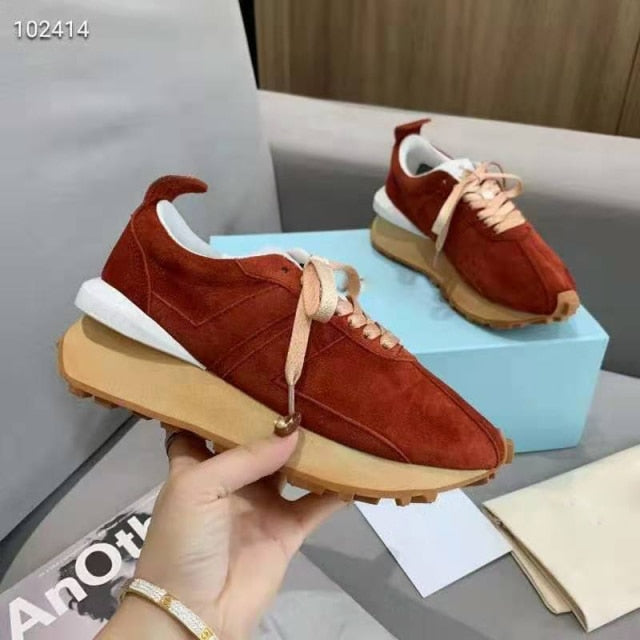 Spring Thick Sole Casual Daddy Shoes Women Flat Mixed Color Lace Up Patchwork Sneakers Outdoor Walk Tennis Shoes Unisex