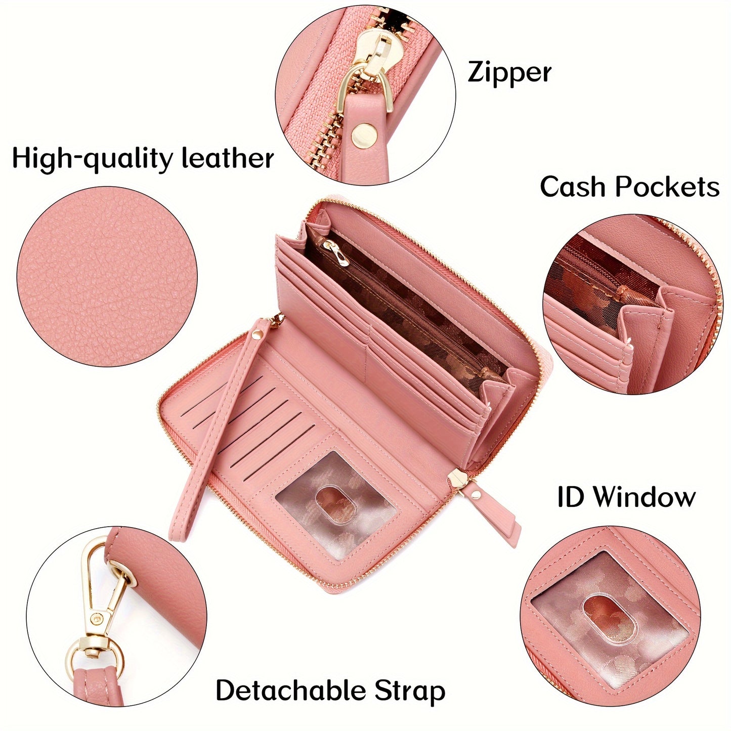 Stylish Womens RFID Blocking Zip Wallet - Large Capacity Long Purse with Detachable Wristlet & Secure Card Holder