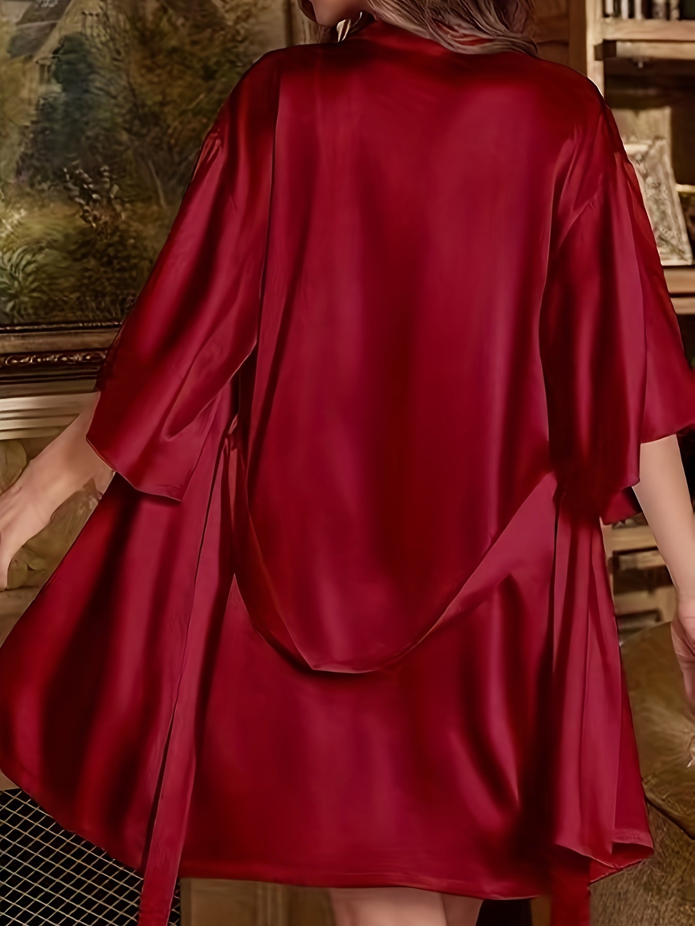 Three-Piece Luxurious Sleepwear Set - Soft Solid Satin Fabric, Stylish Three Quarter Sleeve, Elegant Belted Sleep Robe, Classic Round Neck Slip Dress - Designed for Womens Comfort and Style