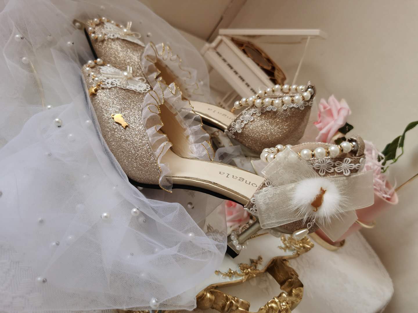 xiangtuibao Japanese Lolita Tea Party High Heels Champagne Elegant Sweet high heel vintage lace bowknot kawaii shoes cosplay loli