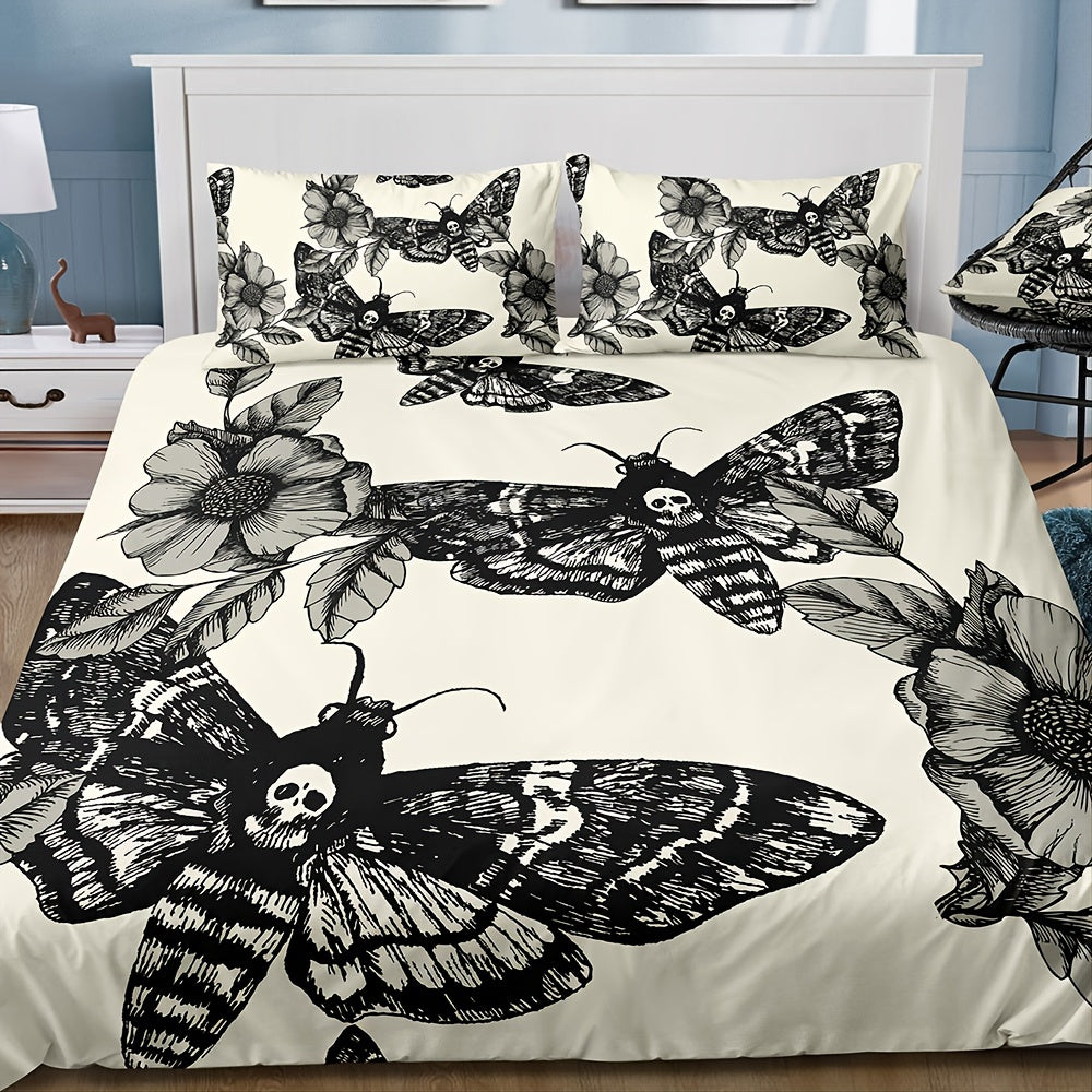 3pcs/set Deaths Head Moth & Flower Luxury Duvet Cover Set - Soft Hypoallergenic Bedding for a Dreamy Sleep - 1 Duvet + 2 Pillowcases, Breathable & Stylish Design, Easy Care, Machine Washable