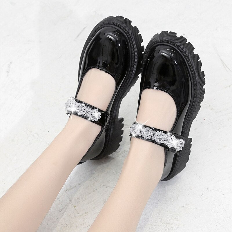 Rimocy Shining Crystal Women's Mary Janes Shoes Spring Pu Leather Flat Shoes Woman Med Heels Non-slip Platform Casual Shoes