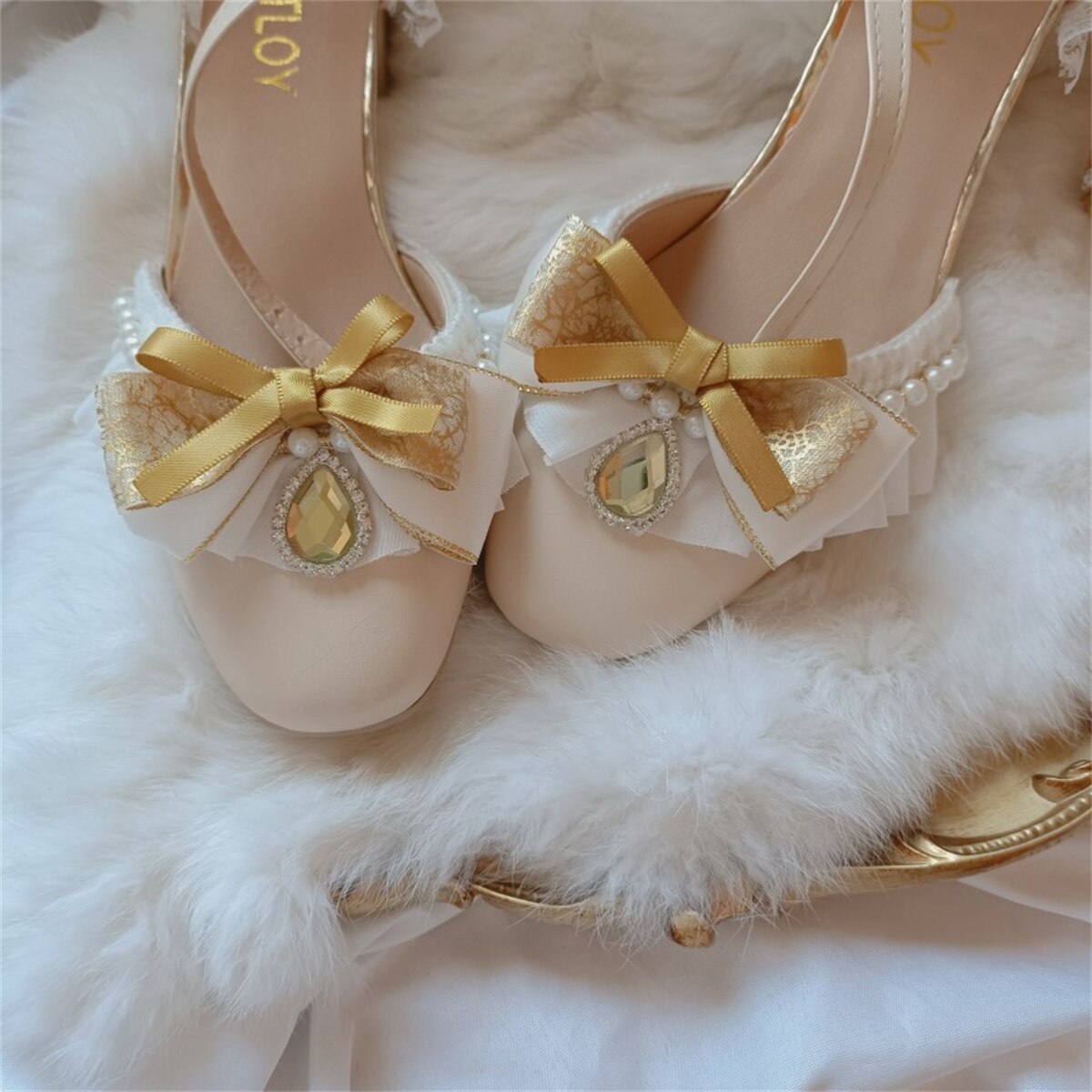 xiangtuibao Retro Court Style Lolita Cosplay Flower Wedding Girl Gorgeous Square Head Lace Ruffled Bow Gem Pearl 4.5cm High Heeled Shoes