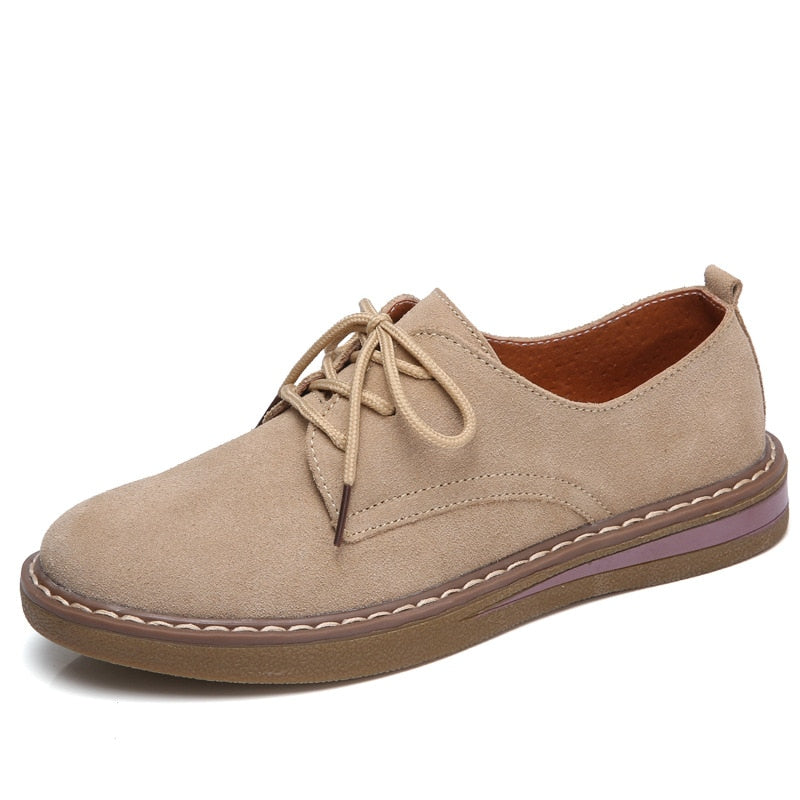 GHJIOL Spring Women Flats Shoes Women Sneakers Leather Suede Lace Up Boat Shoes Round Toe Flats Moccasins Oxford For Women