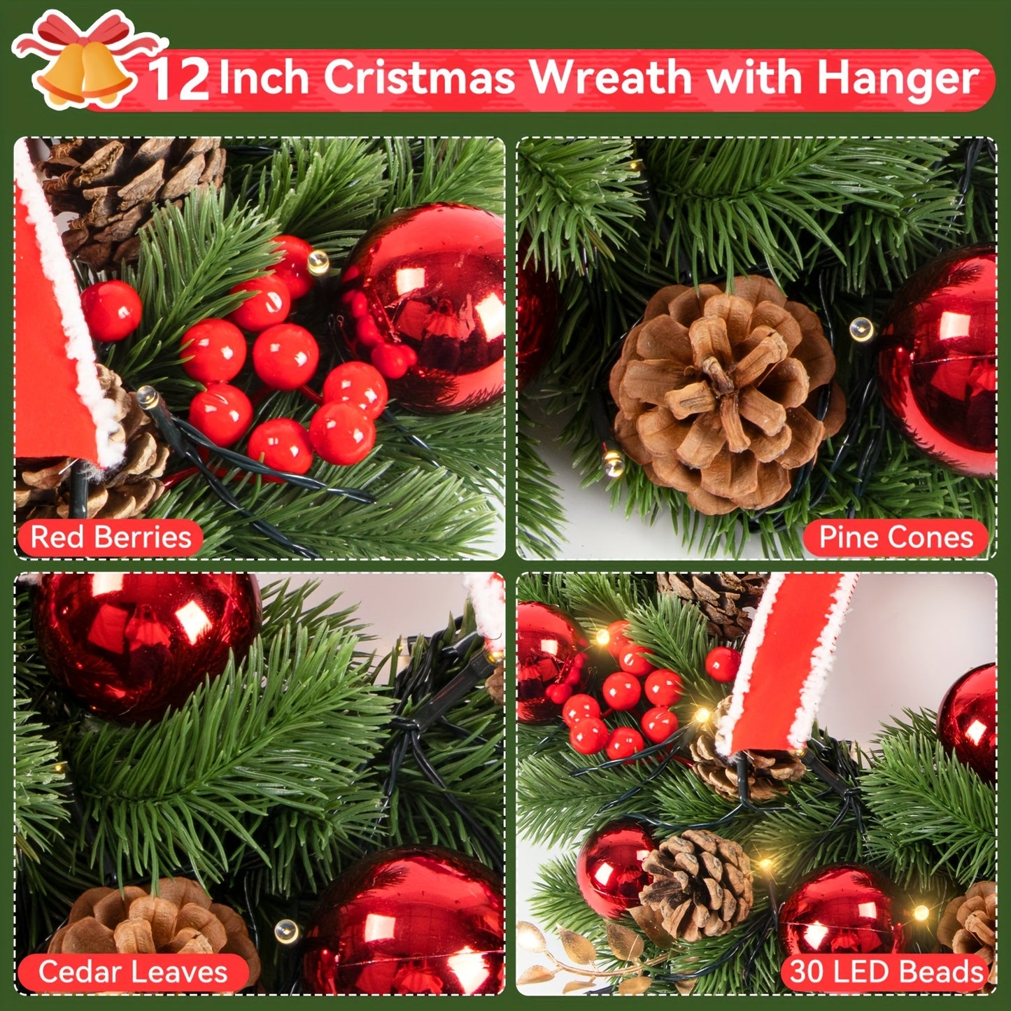 Christmas Wreaths For Door Wreath 12inch 30 LED Christmas Swag Christmas Decoration Christmas Wreath With Christmas Red Berries, Pine Cones, Cedar Leaves For Home Indoor Outdoor Decoration Gift Great Atmosphere New