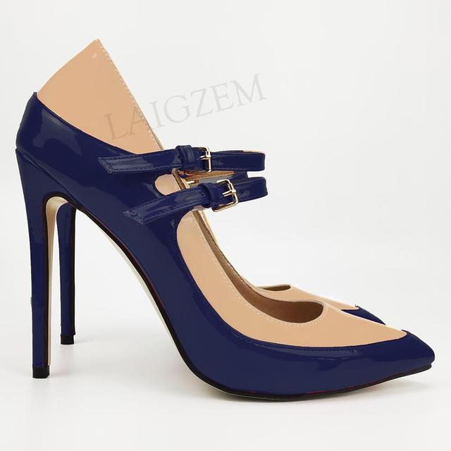 Pinpaixiong Color Contrast Women Heels Buckle Straps Desgin 12CM High Heels Shoes Women Scarpe Donna Tacones Size 34 43 44 47