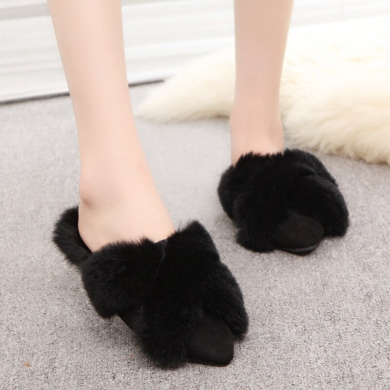 Furry Slides for Women Winter Outdoor Flock Flat Soft Mules Pantoufle Femme Rasteiras Shoes Slides Zapatillas De Casa Mujer Buty