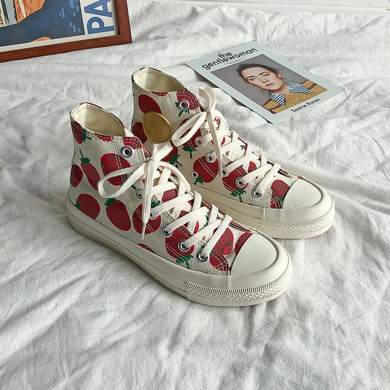 xiangtuibao Strawberry Print Women Canvas Shoes Flats Women Vulcanized Shoes Lace-Up Female Casual Shoes Ladies Canvas Sneakers