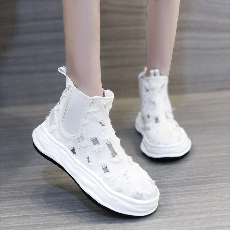 Lucyever Women Flat Heels Ankle Boots Canvas Hole Slip on Platform Shoes Woman Summer Autumn Breathable Casual Boots Femme