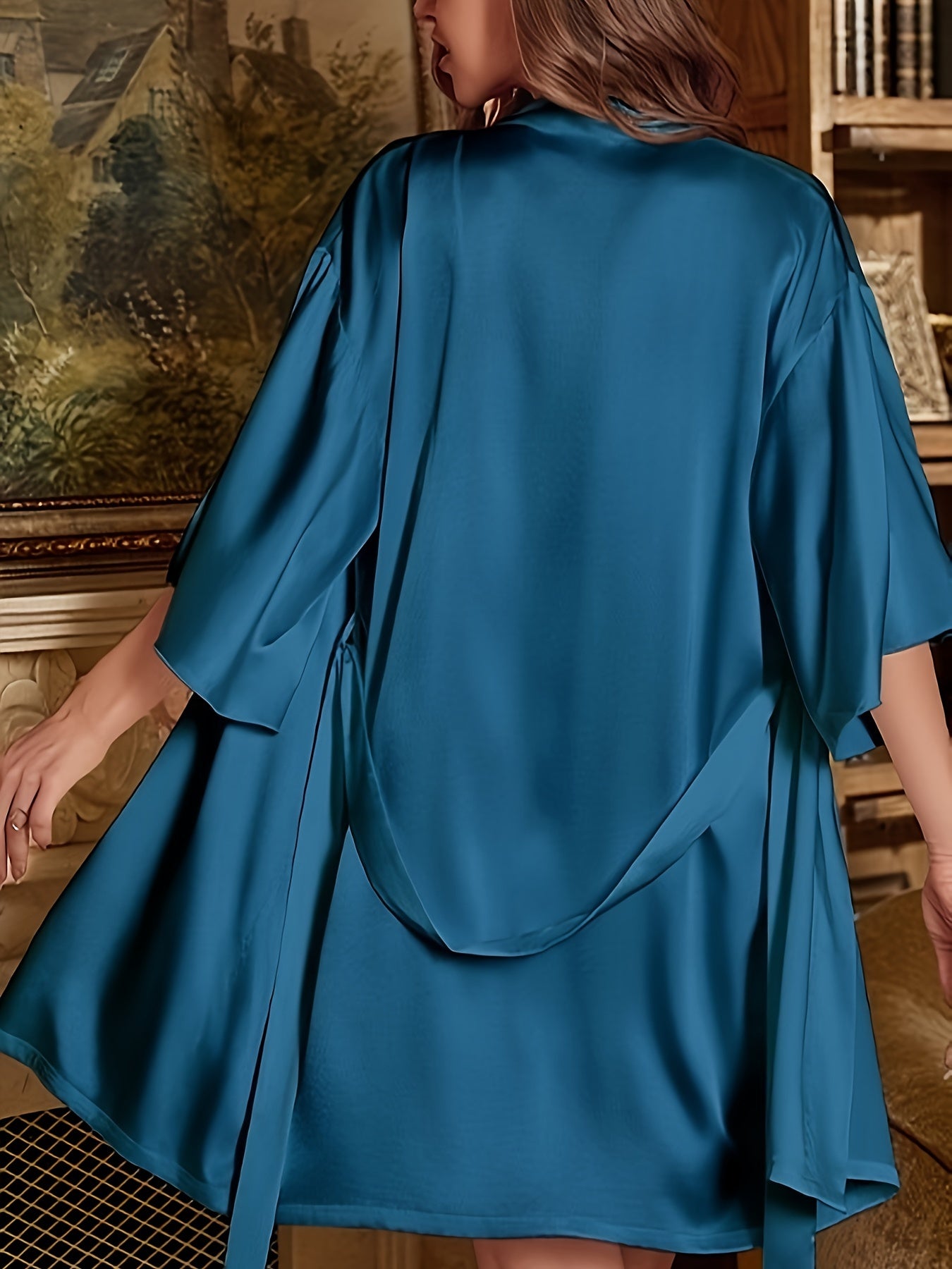 Three-Piece Luxurious Sleepwear Set - Soft Solid Satin Fabric, Stylish Three Quarter Sleeve, Elegant Belted Sleep Robe, Classic Round Neck Slip Dress - Designed for Womens Comfort and Style