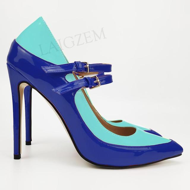 Pinpaixiong Color Contrast Women Heels Buckle Straps Desgin 12CM High Heels Shoes Women Scarpe Donna Tacones Size 34 43 44 47