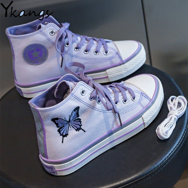 xiangtuibao Spring New Women Canvas Shoes Fashion Drawings Girl Purple Vulcanized Sneakers Butterfly Embroidery Casual High Low Flat Shoes