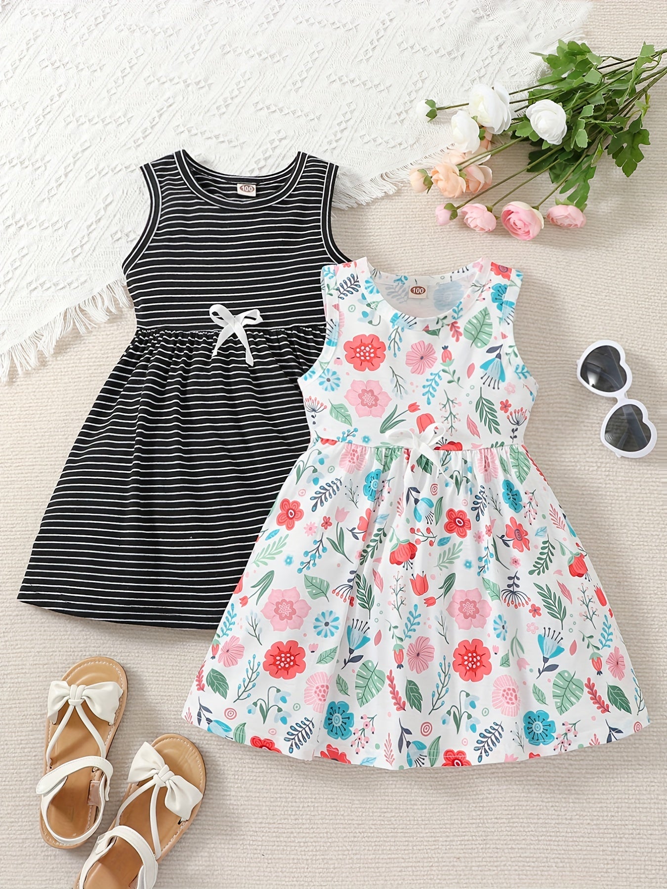 2-Piece Toddler Girls' Princess Dress Set - Sleeveless, Striped & Floral with Bow Detail - Perfect for Party, Beach & Summer