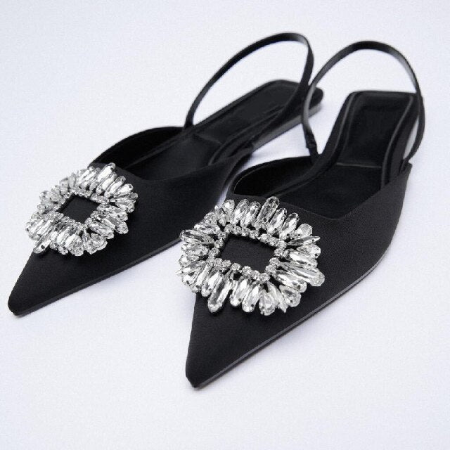 ZA Women's Shoes Summer New Yellow Rhinestone Buckle Slingbacks Shoes Pointed Toe Flat Elegant Wedding Shoes
