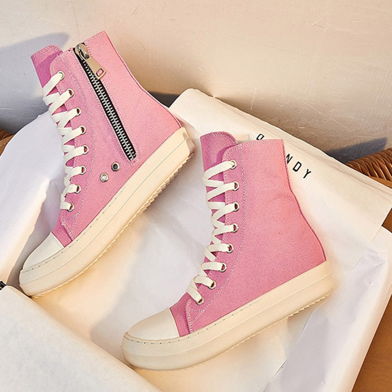 Women High Top Canvas Sneakers Flat Lace-up Pink Vulcanize Shoes For Ladies Fashion Casual Breathable Footwear New Hotsale