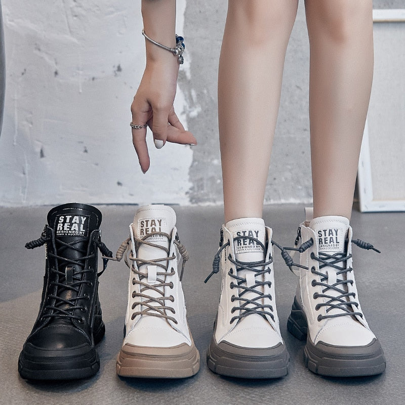 Genuine Leather Boots for Women Heels Ankle Boots Female Chunky Shoes Woman Flats Platform Heels Women's Shoes Rubber Sole