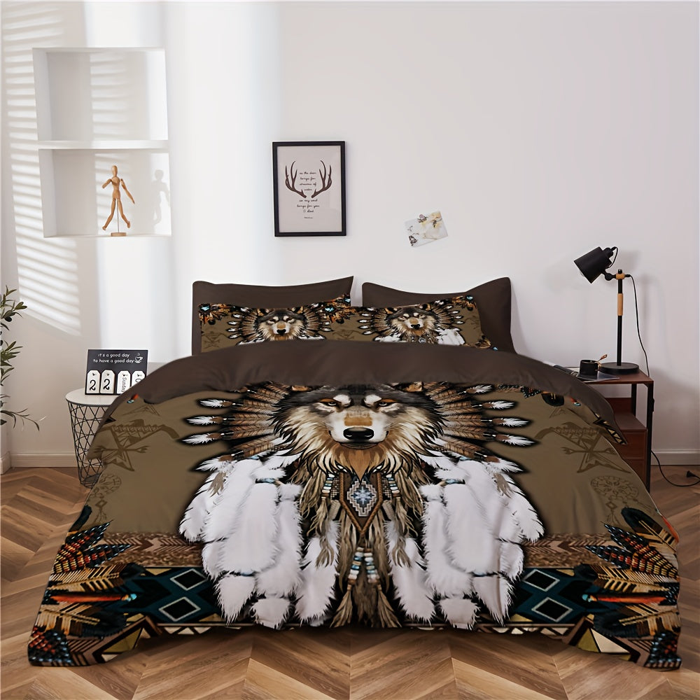 2/3pcs Dreamcatcher Bedding Set - Soft, Comfortable, Ethnic-Inspired Duvet Cover Set with Wolf Pattern for Country-Style Bedroom Decoration - 1 Duvet Cover + 1/2 Pillowcase, Coreless, Easy Care, Hypoallergenic, and Breathable