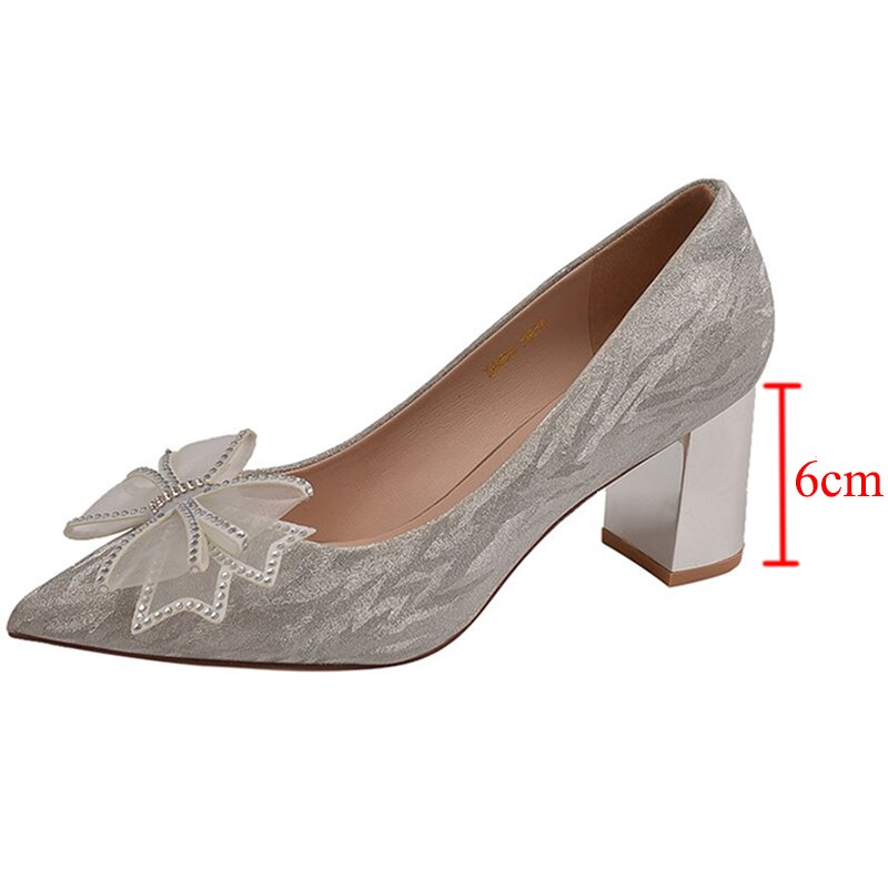 Rimocy Silk Bowknot Square Heels Pumps Women New Crystal Slip-on High Heels Shoes Ladies Sexy Point Toe Shining Party Shoes