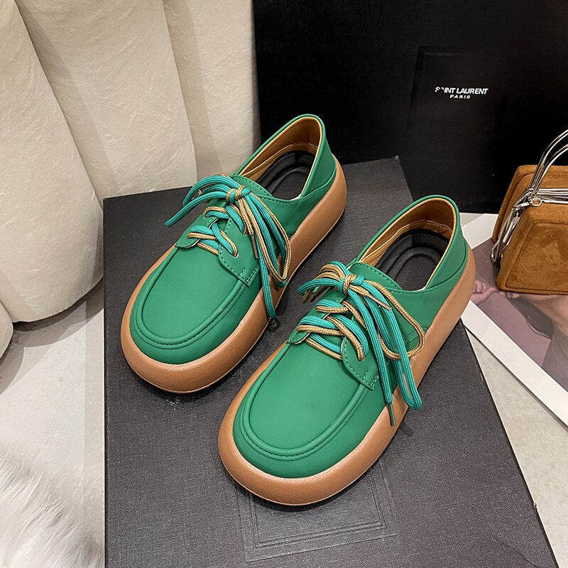 Green Yellow Oxford Shoes Women Flats Summer Design Casual Platform Loafers Derby Shoes Women Lace Up Leather Oxfords