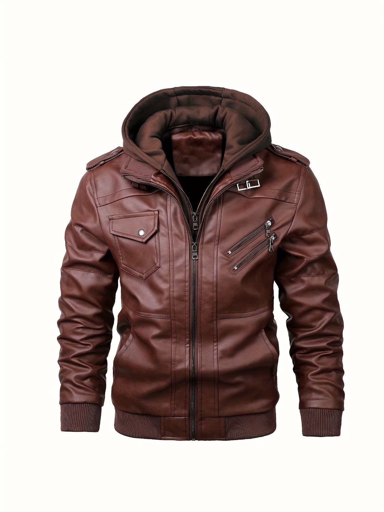 Trendy Mens PU Leather Biker Jacket - Chic Hooded Design with Zip Up Closure - Durable & Stylish Casual Wear