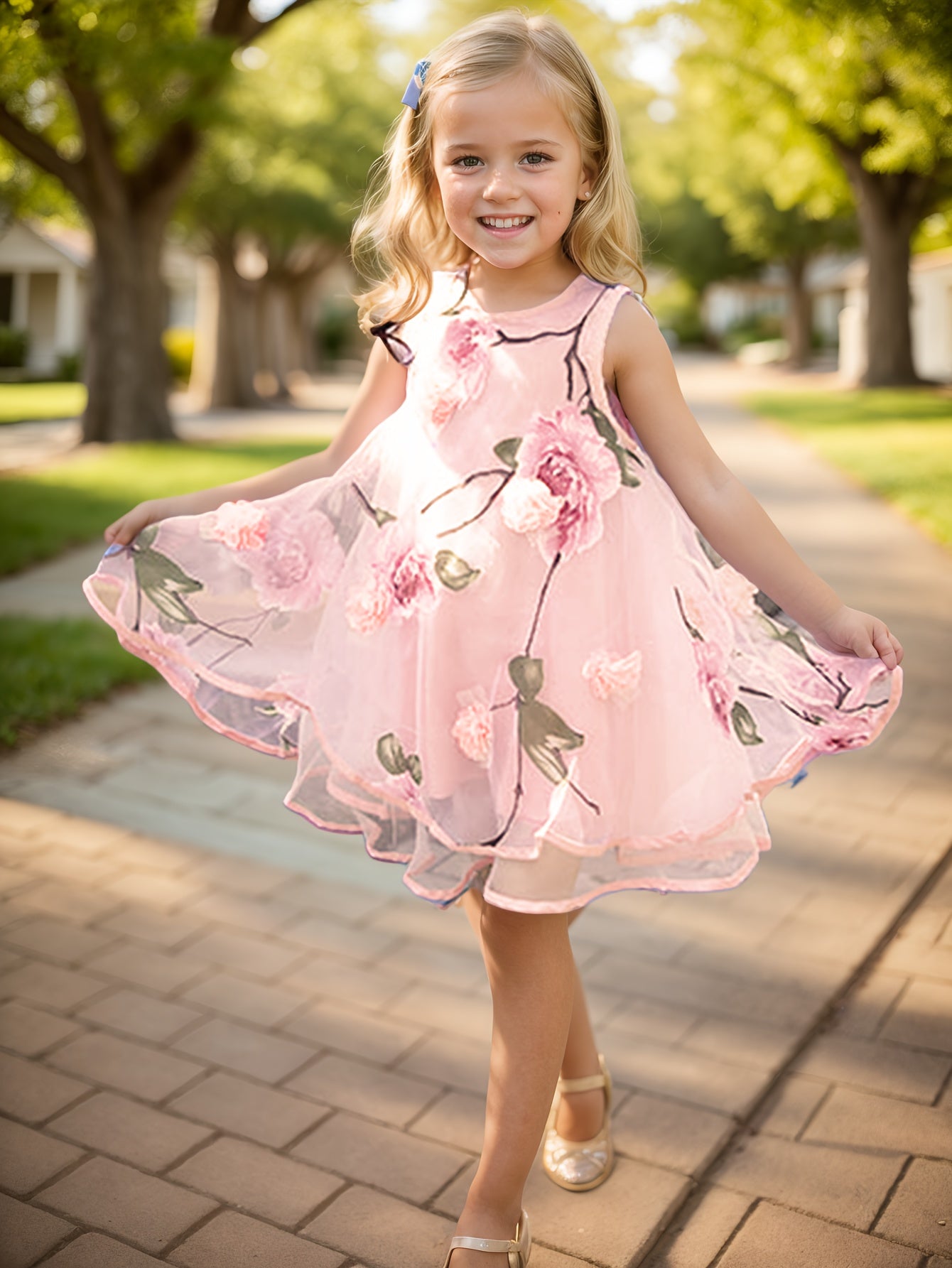 2-Layer Chiffon Sleeveless Floral Mesh Overlay Party Dress for Girls - Twist Details, Semi-Sheer, Loose Fit, Crew Neck, Brief Length, Non-Stretch Polyester, All-Season Wear, Casual Style - Perfect for Birthday and Summer Events