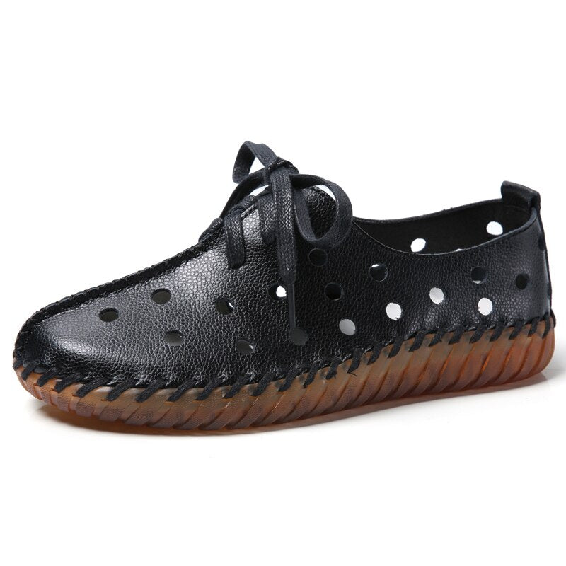 xiangtuibao Soft Sole Hollow Single Shoes Women Vintage Genuine Leather Flat Casual Shoes Woman Outdoor Lace Up Non Slip Loafers creepers