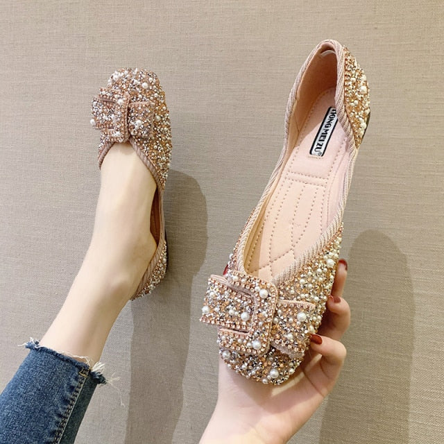 Women Ballet Flats Bling Crystal Diamond Dress Flats Ladies Bow Sequins Single Shoes Rhinestone Glitter Square Toe Size 43