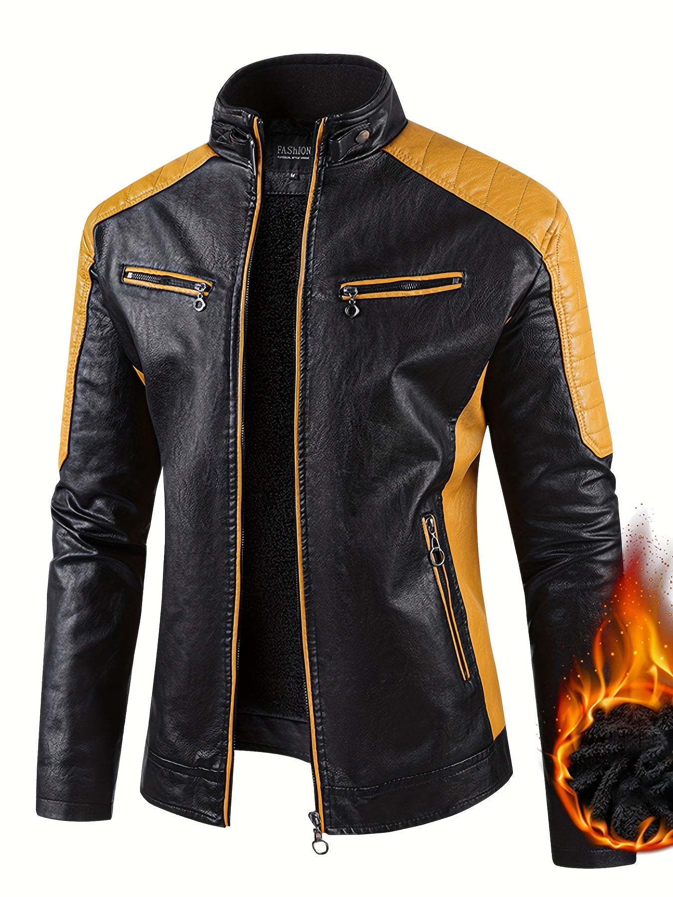 Men's Stylish Warm Fleece PU Jacket | Easy Care, Regular Fit, Solid Color | Chic Winter Casual with Stand Collar