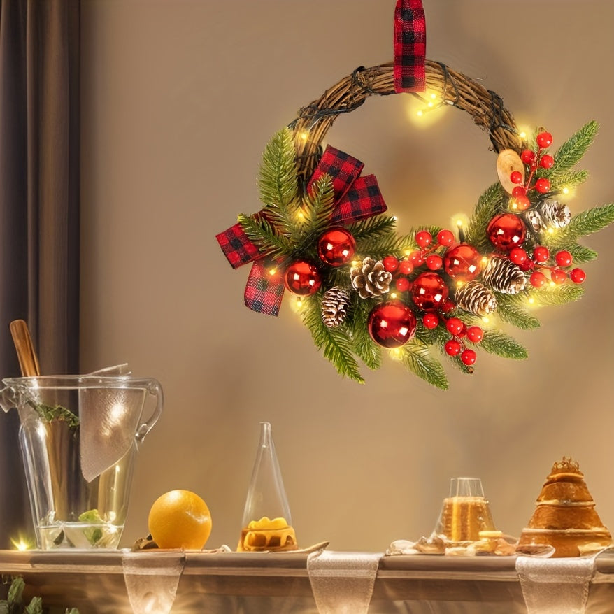 Christmas Wreaths For Door Wreath 12inch 30 LED Christmas Swag Christmas Decoration Christmas Wreath With Christmas Red Berries, Pine Cones, Cedar Leaves For Home Indoor Outdoor Decoration Gift Great Atmosphere New