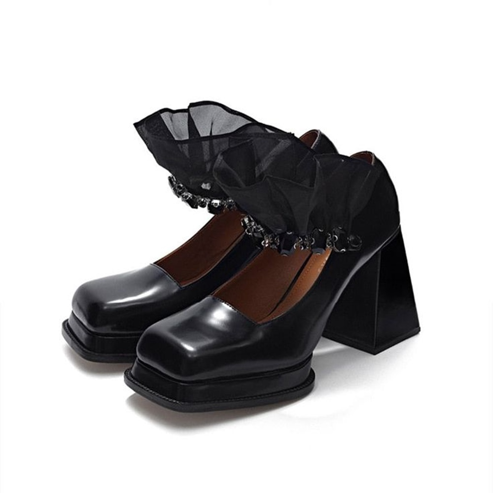 xiangtuibao Fashion Mary Janes Shoes,Women Platforms High Heels,Square Toe,Lace&Rhinestone,Female Footware