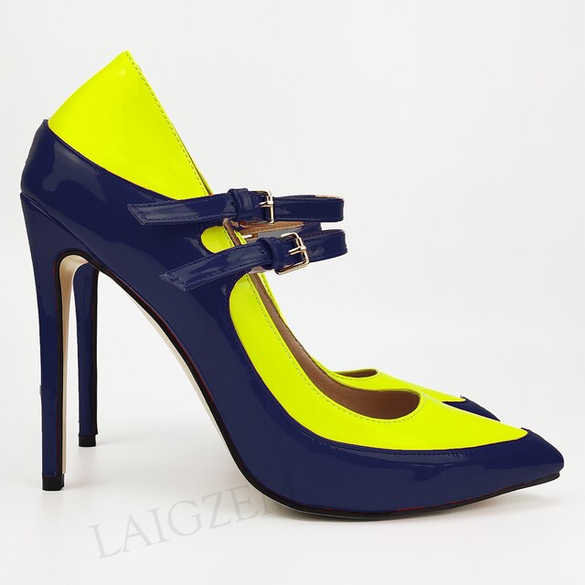 Pinpaixiong Color Contrast Women Heels Buckle Straps Desgin 12CM High Heels Shoes Women Scarpe Donna Tacones Size 34 43 44 47